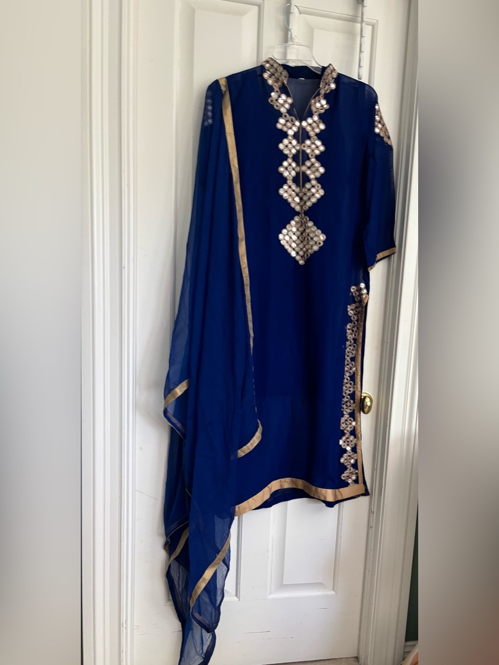 New 3 piece Royal Blue with gold trim Plazzo suit with inner shirt 42 bust